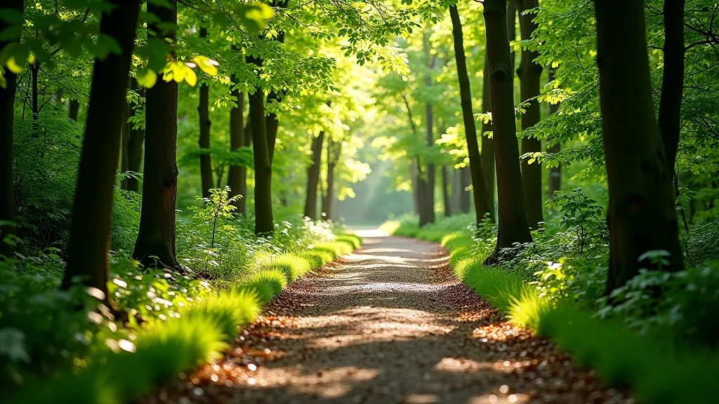 A winding forest trail surrounded by tall trees with dappled sunlight filtering through the canopy, peaceful woodland setting