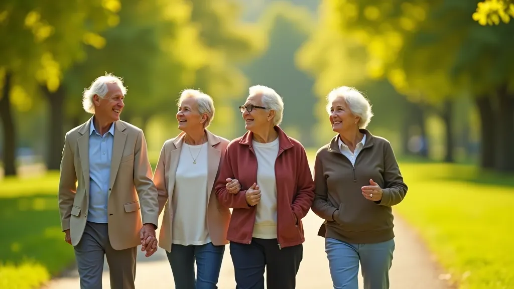 Group of active seniors enjoying a walk together in a beautiful park setting