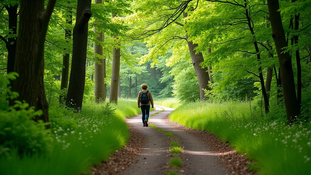 Forest path with autumn leaves and tall trees