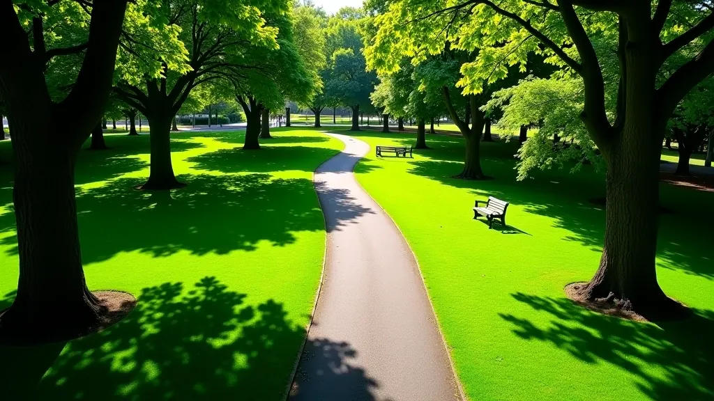 Aerial view of a park loop pathway with benches visible at intervals, surrounded by green grass and tree coverage, peaceful recreational setting