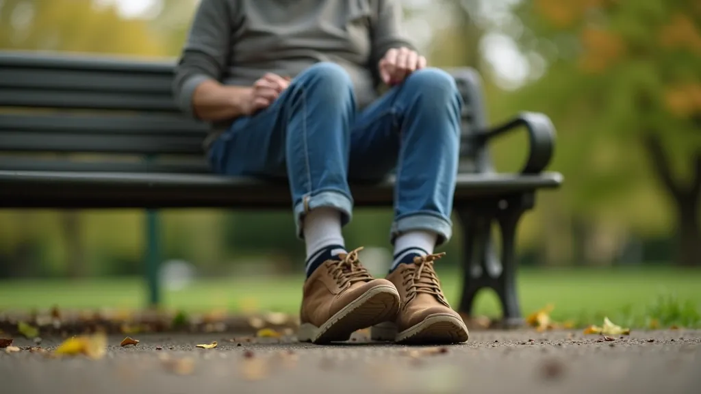 Close-up of senior person wearing proper walking shoes with good sole support, sitting on a park bench, casual clothing, natural outdoor lighting