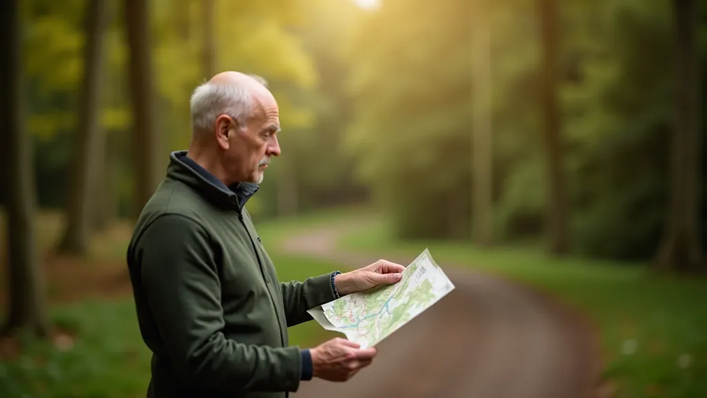 Senior carefully reviewing a detailed trail map while planning an outdoor route