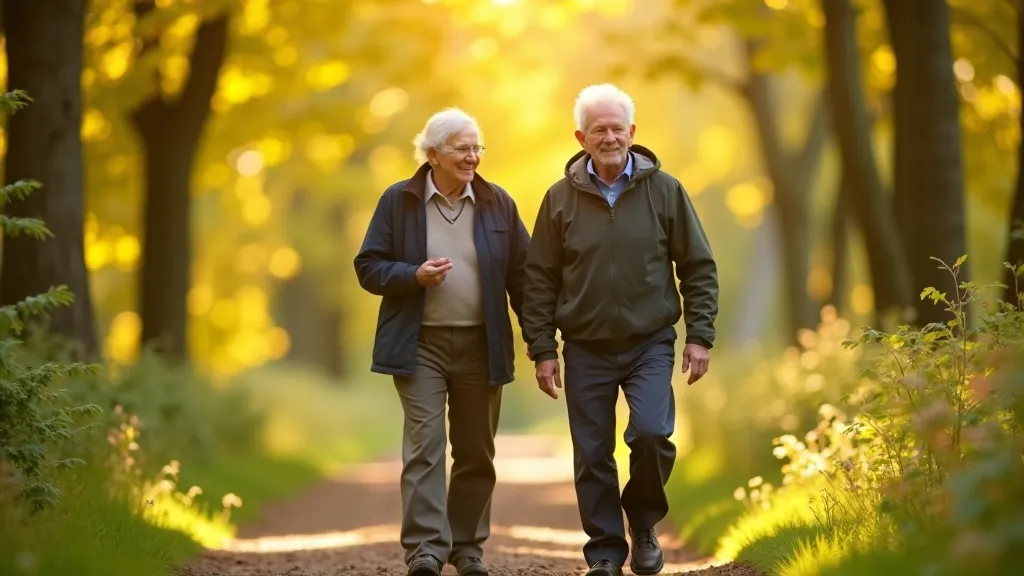 Two seniors enjoying a leisurely walk through a park with trees and open green spaces visible in the background