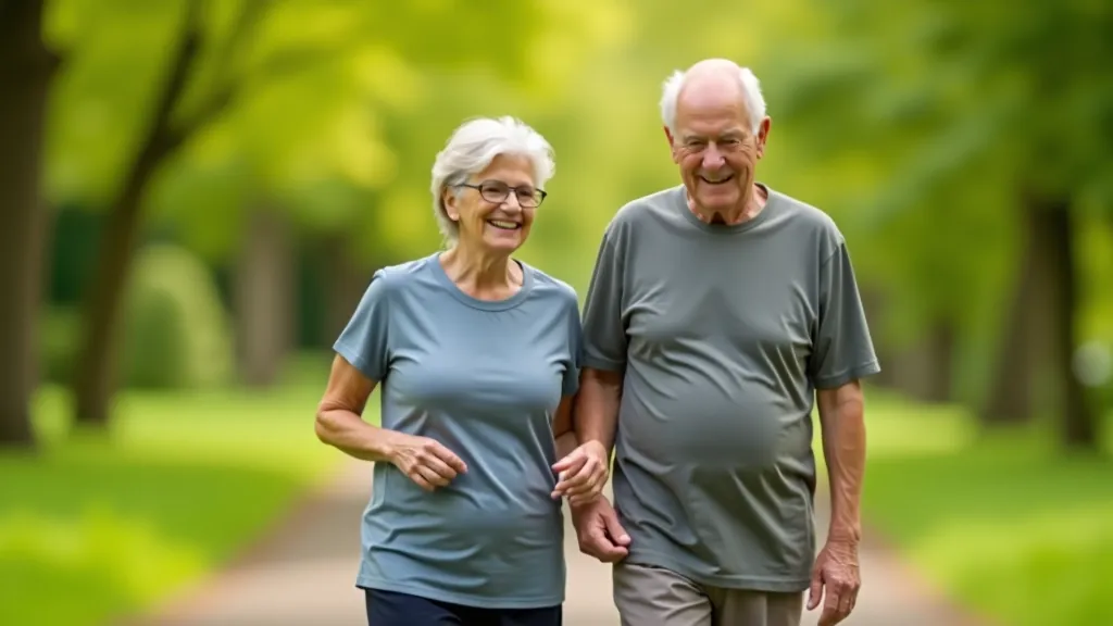 Two senior friends walking together on a paved park path with trees and green space on both sides, smiling and enjoying outdoor exercise