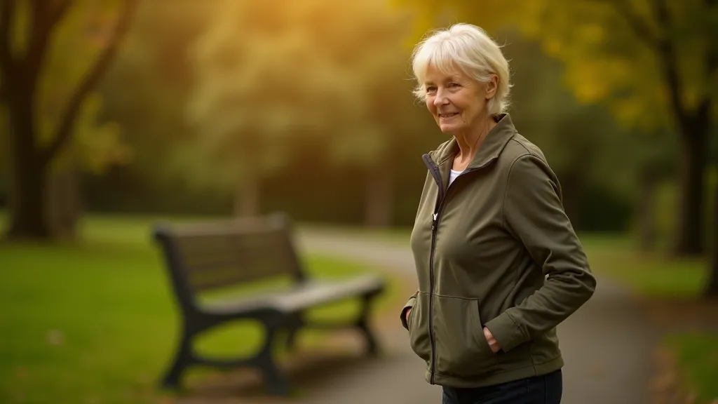 Senior woman stretching outdoors near a park bench with trees in background, wearing comfortable walking clothes, gentle morning light