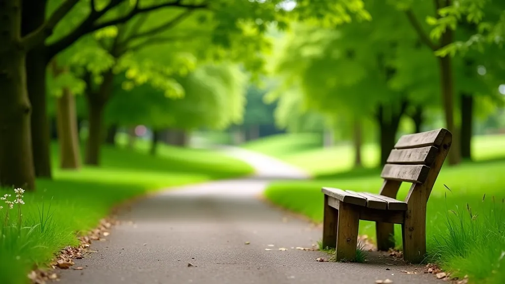 Wooden benches positioned along a park walking path with trees and grass visible in the background, peaceful outdoor setting