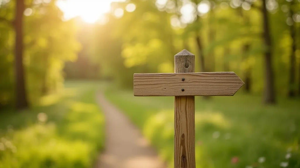 Clear signpost showing walking trail distance and directions with park landscape in background, morning light